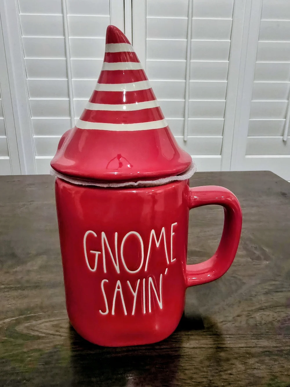 Rae Dunn Red Ceramic Gnome Mug with Striped Pointed Lid